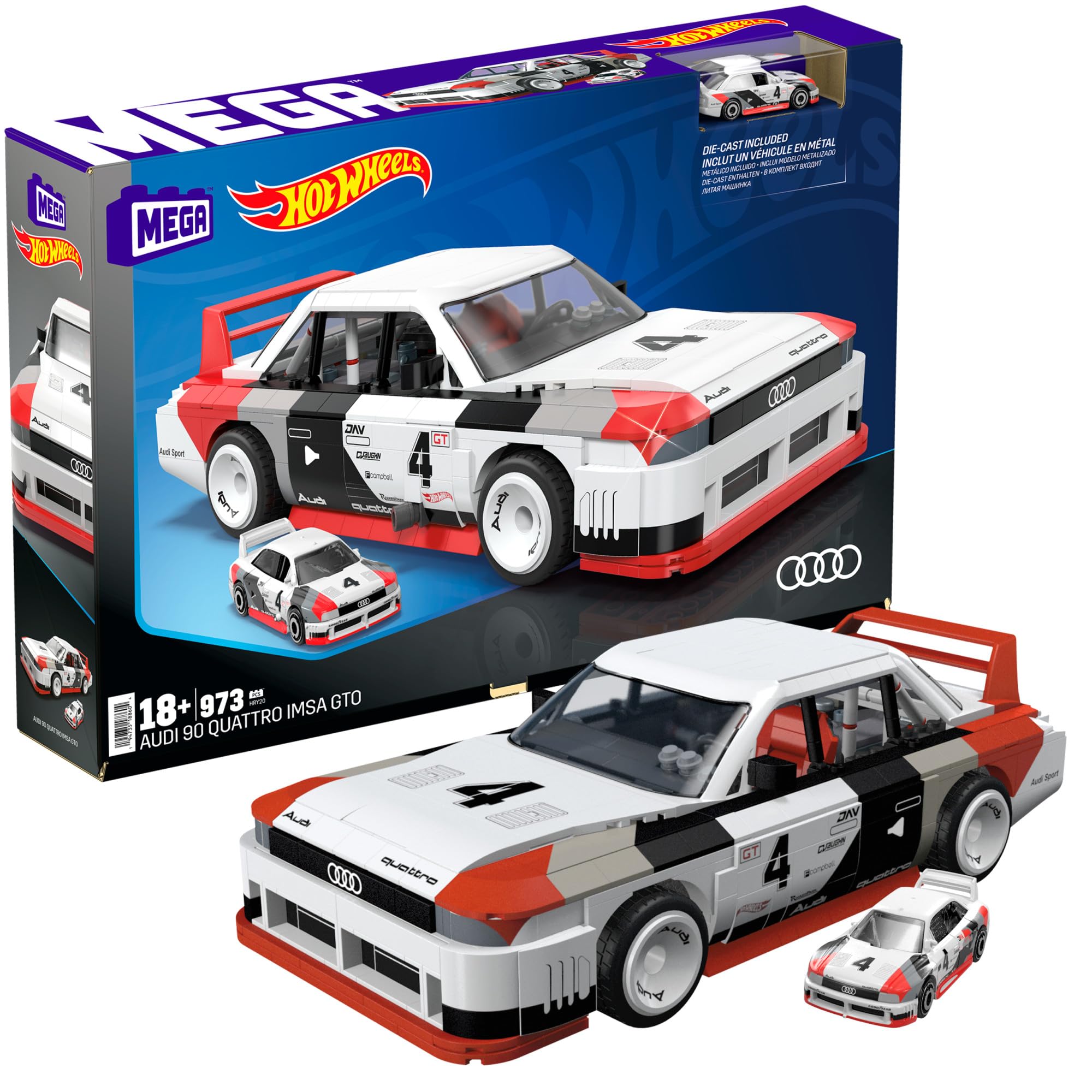 MEGA Hot Wheels Collectible Car Building Toy, Audi 90 Quattro IMSA GTO with 973 Pieces and Die-Cast Model, Build & Display Set for Collectors, Red, HRY20