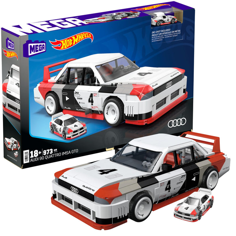 MEGA Hot Wheels Collectible Car Building Toy, Audi 90 Quattro IMSA GTO with 973 Pieces and Die-Cast Model, Build & Display Set for Collectors, Red, HRY20