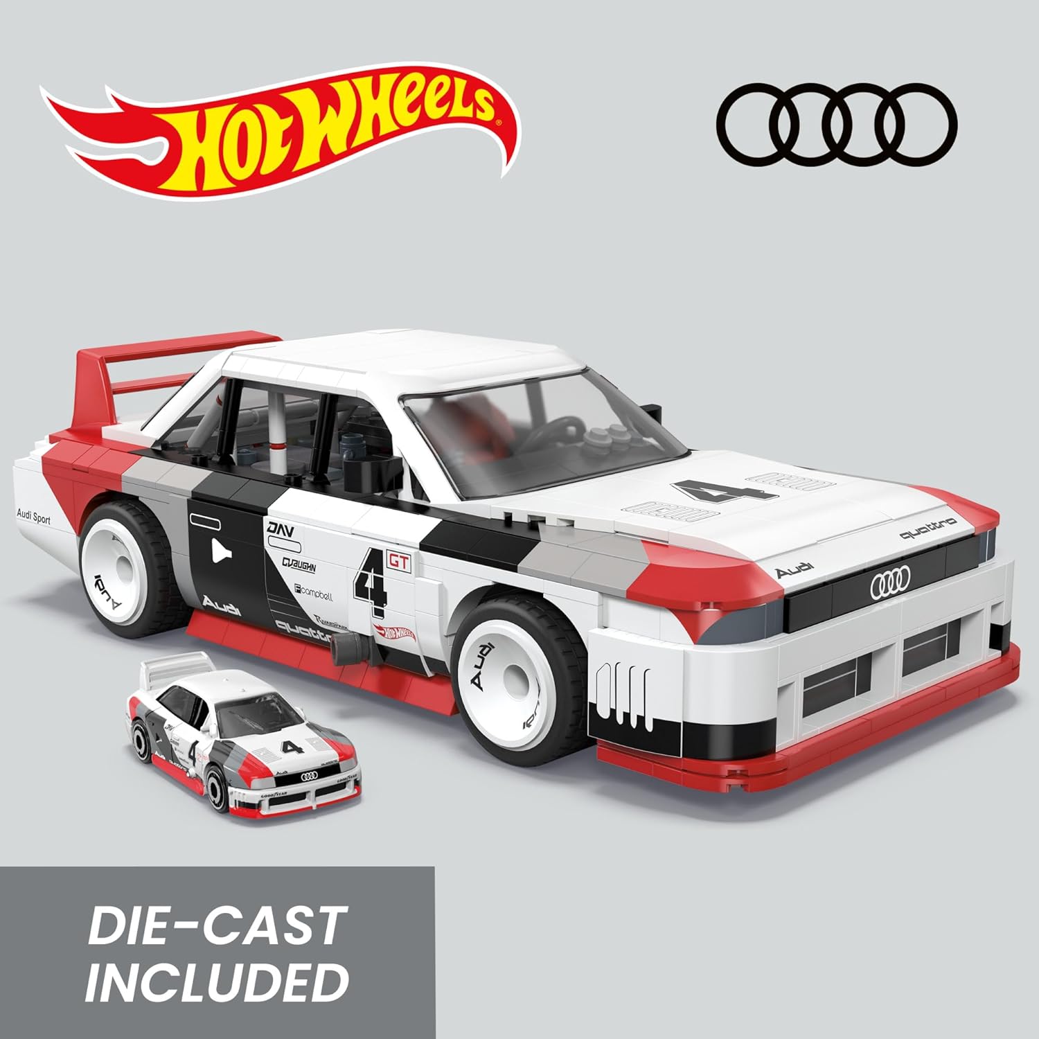 MEGA Hot Wheels Collectible Car Building Toy, Audi 90 Quattro IMSA GTO with 973 Pieces and Die-Cast Model, Build & Display Set for Collectors, Red, HRY20