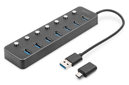 Digitus DA-70248 7 Port USB 3.0-Hub drehbar, einzeln schaltbar, LED-Anzeige Dunkelgrau