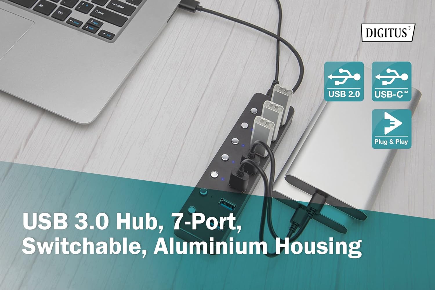 Digitus DA-70248 7 Port USB 3.0-Hub drehbar, einzeln schaltbar, LED-Anzeige Dunkelgrau
