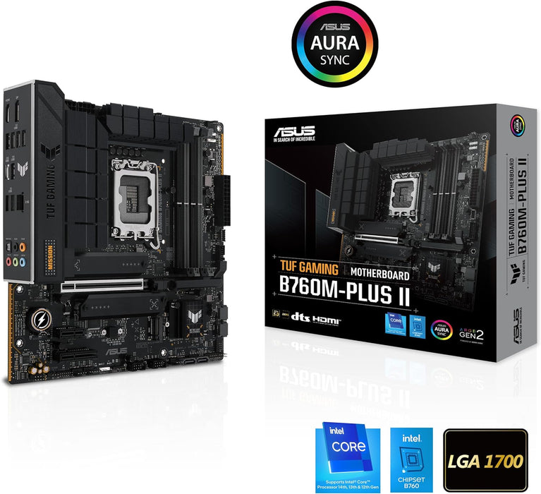 ASUS TUF Gaming B760M-PLUS II Intel B760 LGA 1700 mATX Motherboard (PCIe 5.0, M.2 4.0, DDR5, 2.5Gb Ethernet, DP, HDMI, SATA 6Gbps, USB Type-C, Thunderbolt (USB4), Aura Sync)