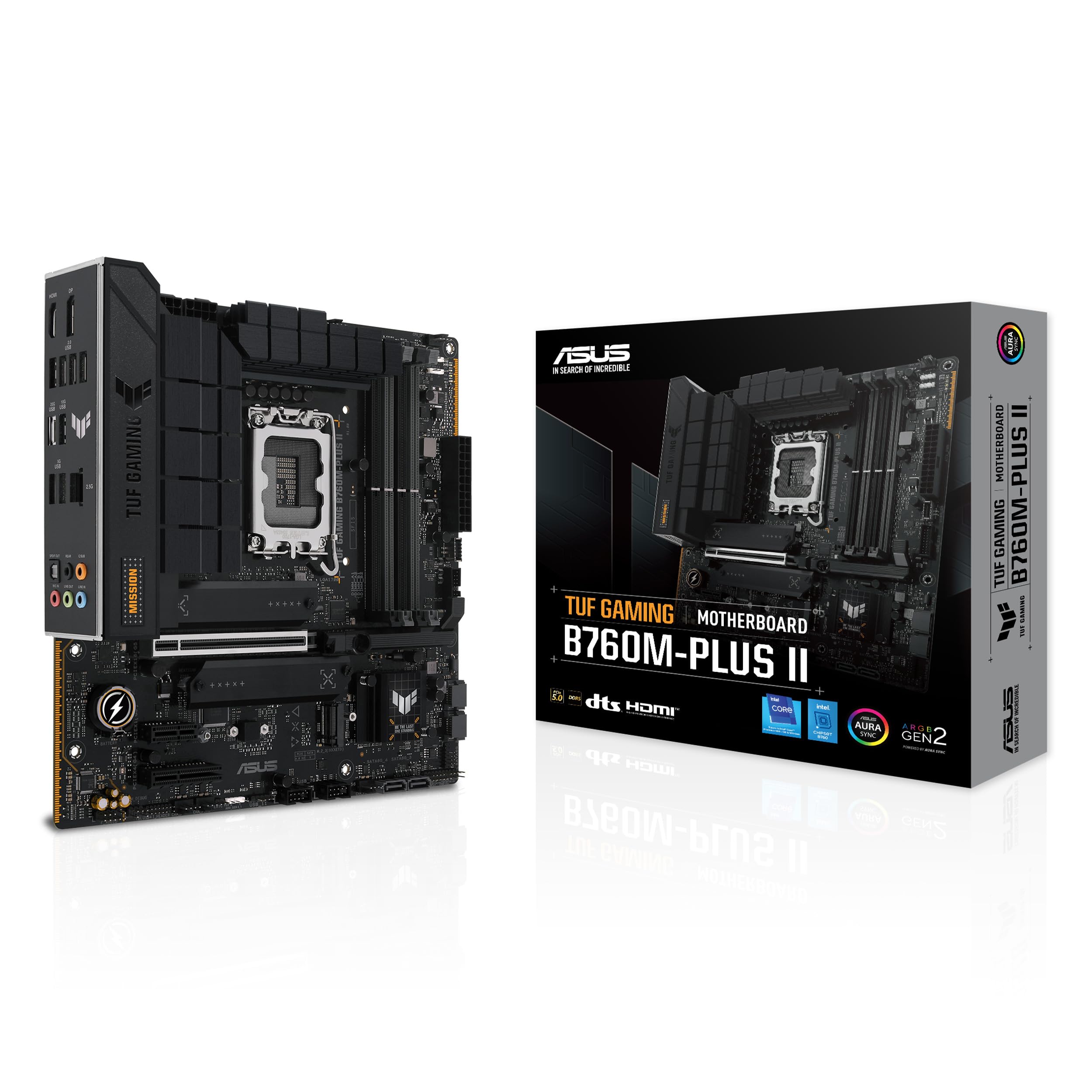 ASUS TUF Gaming B760M-PLUS II Intel B760 LGA 1700 mATX Motherboard (PCIe 5.0, M.2 4.0, DDR5, 2.5Gb Ethernet, DP, HDMI, SATA 6Gbps, USB Type-C, Thunderbolt (USB4), Aura Sync