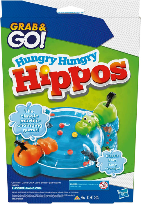 Hungry Hungry Hippos Grab and Go Game, gioco portatile per 2 giocatori, gioco da viaggio per bambini, include 2 ippopotami che mordono