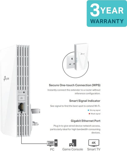 TP-Link AX3000 Dual Band Wi-Fi 6 Range Extender, Broadband Wi-Fi Booster/Hotspot with 1 Gigabit Port, 160 MHz Channels, Built-In Access Point Mode, Easy Setup, UK Plug (RE700X) Wi-Fi 6 Booster AX3000|Premium
