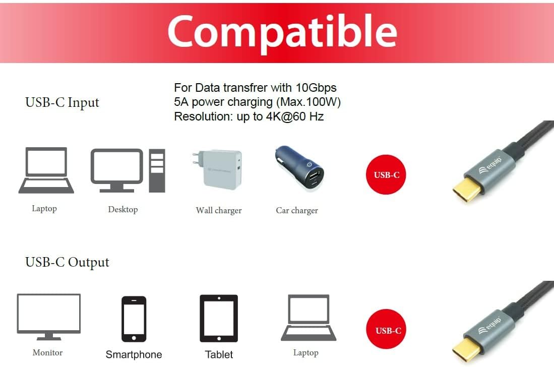 Equip 128354 USB 3.2 Gen 2 Type C Cable, M/M, 1.0 m, USB Power Delivery PD 5A (max. 100 W), 4K 60 Hz, 10 Gbit/s, Black