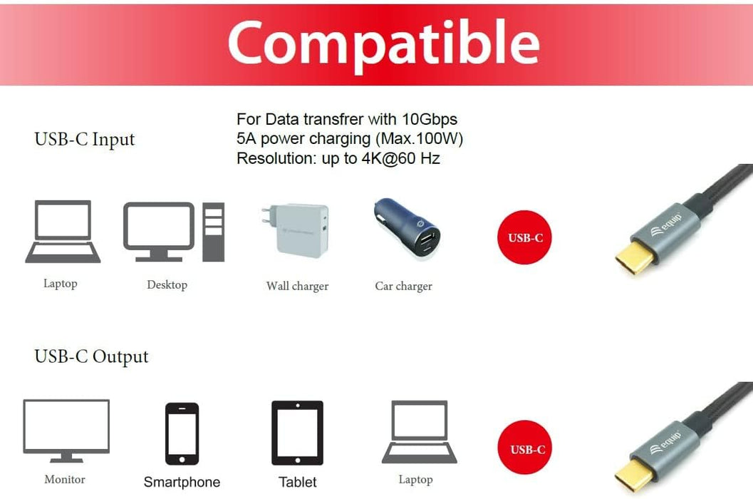Equip 128354 USB 3.2 Gen 2 Type C Cable, M/M, 1.0 m, USB Power Delivery PD 5A (max. 100 W), 4K 60 Hz, 10 Gbit/s, Black