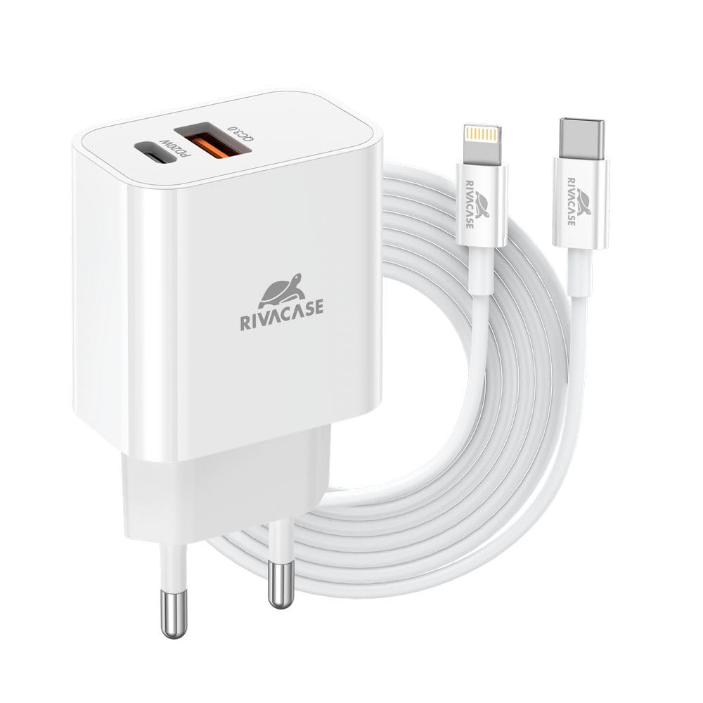 RIVACASE PS4102 WD5 Caricabatterie con cavo Lightning Type-C – 20W PD, QC3.0, 2 porte Type-C e USB, compatibile con iPhone 15 e più vecchi, iPad Samsung AFC LG Huawei Xiaomi Android, alimentatore