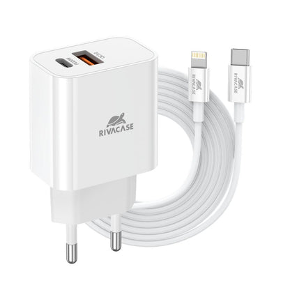 RIVACASE PS4102 WD5 Caricabatterie con cavo Lightning Type-C – 20W PD, QC3.0, 2 porte Type-C e USB, compatibile con iPhone 15 e più vecchi, iPad Samsung AFC LG Huawei Xiaomi Android, alimentatore