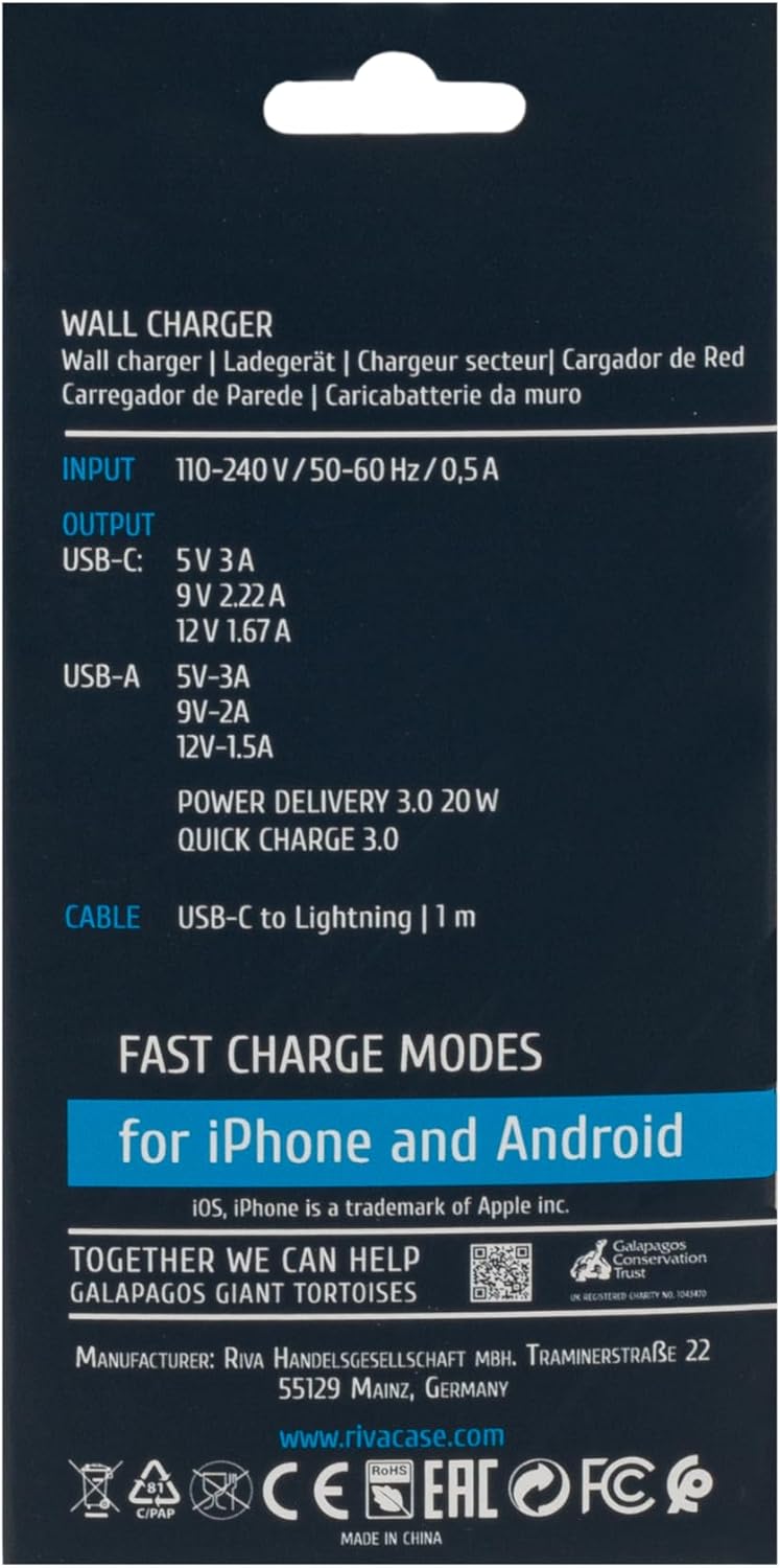RIVACASE PS4102 WD5 Caricabatterie con cavo Lightning Type-C – 20W PD, QC3.0, 2 porte Type-C e USB, compatibile con iPhone 15 e più vecchi, iPad Samsung AFC LG Huawei Xiaomi Android, alimentatore