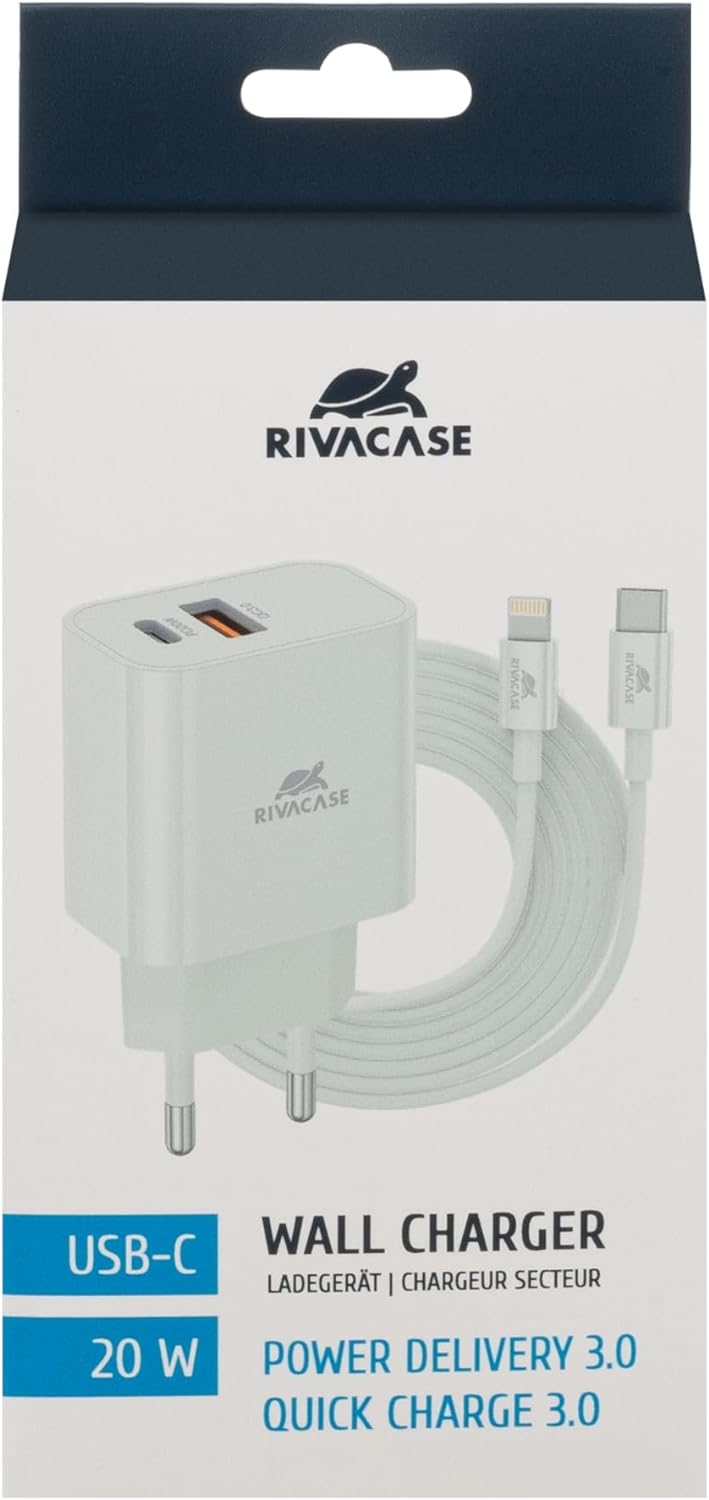 RIVACASE PS4102 WD5 Caricabatterie con cavo Lightning Type-C – 20W PD, QC3.0, 2 porte Type-C e USB, compatibile con iPhone 15 e più vecchi, iPad Samsung AFC LG Huawei Xiaomi Android, alimentatore
