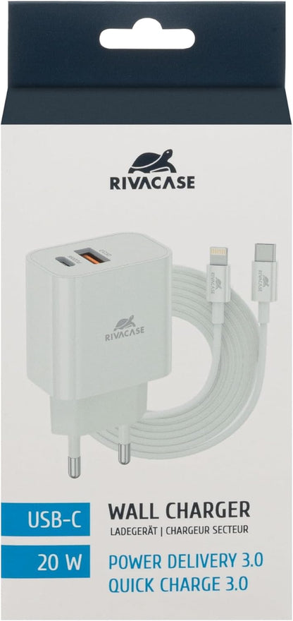 RIVACASE PS4102 WD5 Caricabatterie con cavo Lightning Type-C – 20W PD, QC3.0, 2 porte Type-C e USB, compatibile con iPhone 15 e più vecchi, iPad Samsung AFC LG Huawei Xiaomi Android, alimentatore