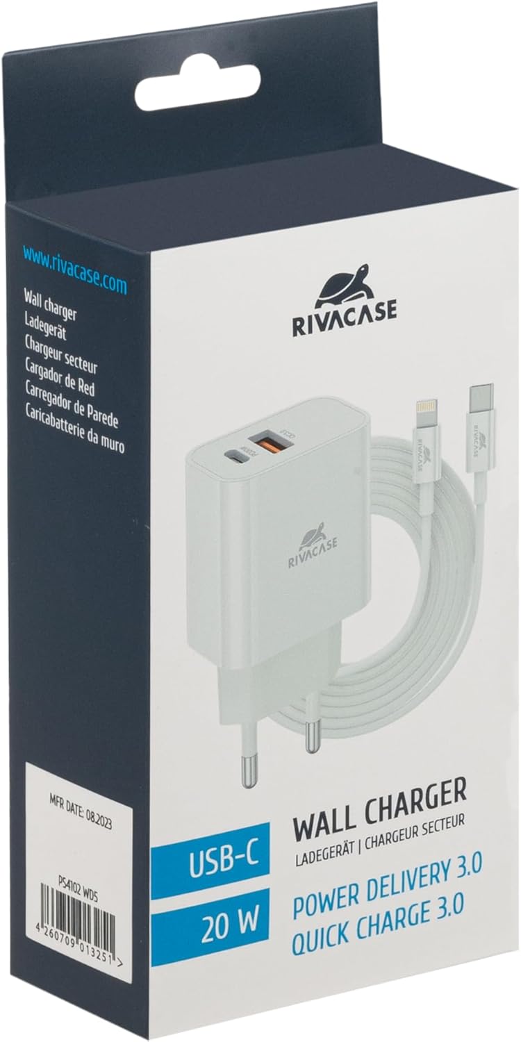 RIVACASE PS4102 WD5 Caricabatterie con cavo Lightning Type-C – 20W PD, QC3.0, 2 porte Type-C e USB, compatibile con iPhone 15 e più vecchi, iPad Samsung AFC LG Huawei Xiaomi Android, alimentatore