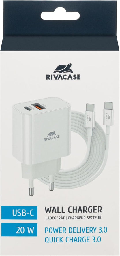 RIVACASE PS4102 WD4 Caricabatterie con cavo USB-C – 20 W PD + QC3.0, due porte tipo C e USB, compatibile con iPhone 15 e più vecchi, iPad, Samsung AFC, LG, Huawei, Xiaomi, Android, alimentatore