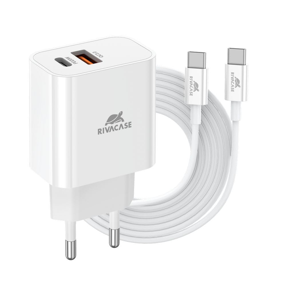 RIVACASE PS4102 WD4 Caricabatterie con cavo USB-C – 20 W PD + QC3.0, due porte tipo C e USB, compatibile con iPhone 15 e più vecchi, iPad, Samsung AFC, LG, Huawei, Xiaomi, Android, alimentatore