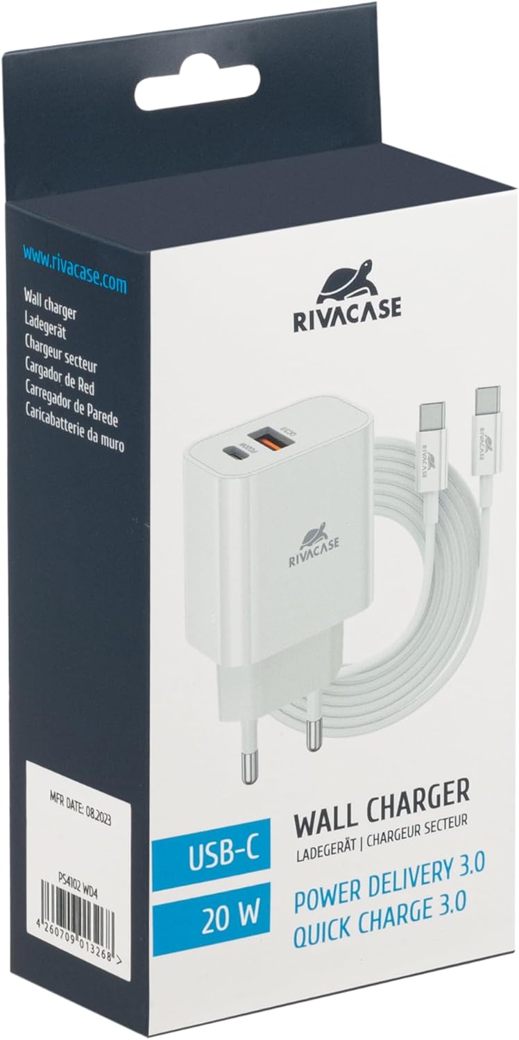 RIVACASE PS4102 WD4 Caricabatterie con cavo USB-C – 20 W PD + QC3.0, due porte tipo C e USB, compatibile con iPhone 15 e più vecchi, iPad, Samsung AFC, LG, Huawei, Xiaomi, Android, alimentatore