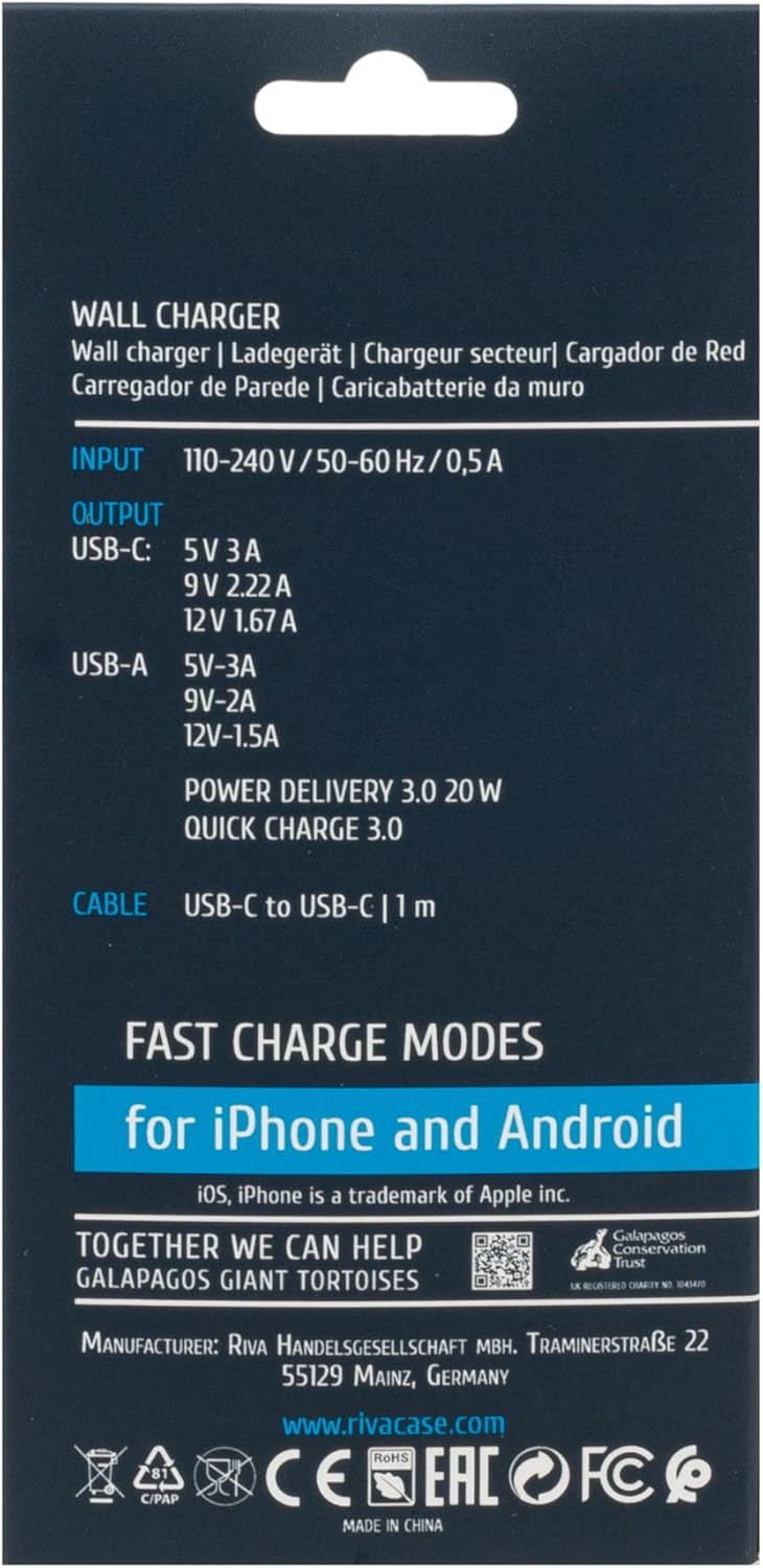 RIVACASE PS4102 WD4 Caricabatterie con cavo USB-C – 20 W PD + QC3.0, due porte tipo C e USB, compatibile con iPhone 15 e più vecchi, iPad, Samsung AFC, LG, Huawei, Xiaomi, Android, alimentatore