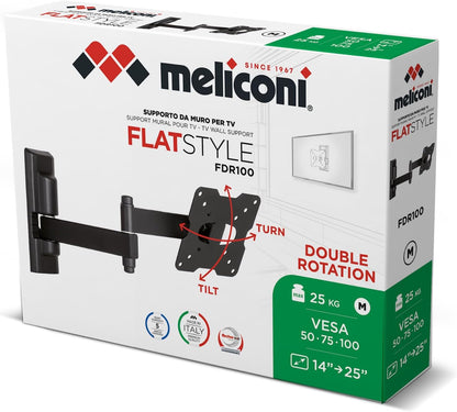 Meliconi FLATSTYLE FDR100, Double Rotation TV Wall Mount, Flat TV bracket from 14" to 25", VESA mount 50-75-100, Load capacity 25 Kg, Made in Italy, Black