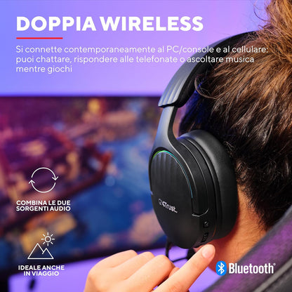 Trust Gaming GXT 491 Fayzo Wireless Gaming Headset Bluetooth + 2.4 GHz Dual Connection, 7.1 Surround Sound, 22hr Battery, RGB Over Ear Wireless Headphones with Microphone PC PS5 PS4 Switch - Black Dua