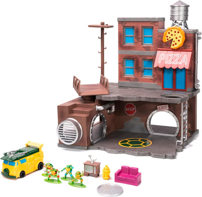 Jada Toys Ninja Turtles Nano Scene Turtle Lair (30 x 25 cm) - Telón de Fondo para coleccionar Figuras de Juguete (Incluye 4 Tortugas Ninja Mutantes Adolescentes de Metal y Accesorios de Juego, a