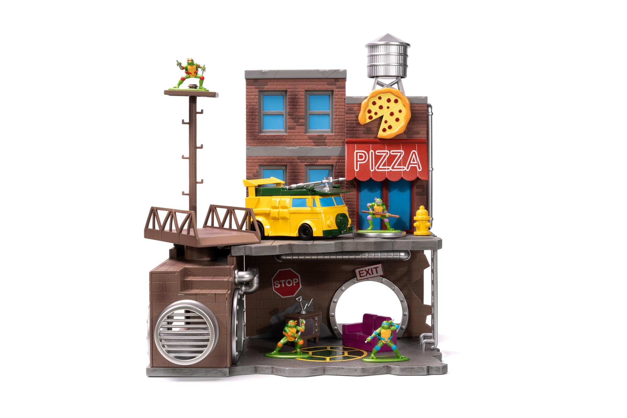 Jada Toys Ninja Turtles Nano Scene Turtle Lair (30 x 25 cm) - Telón de Fondo para coleccionar Figuras de Juguete (Incluye 4 Tortugas Ninja Mutantes Adolescentes de Metal y Accesorios de Juego, a