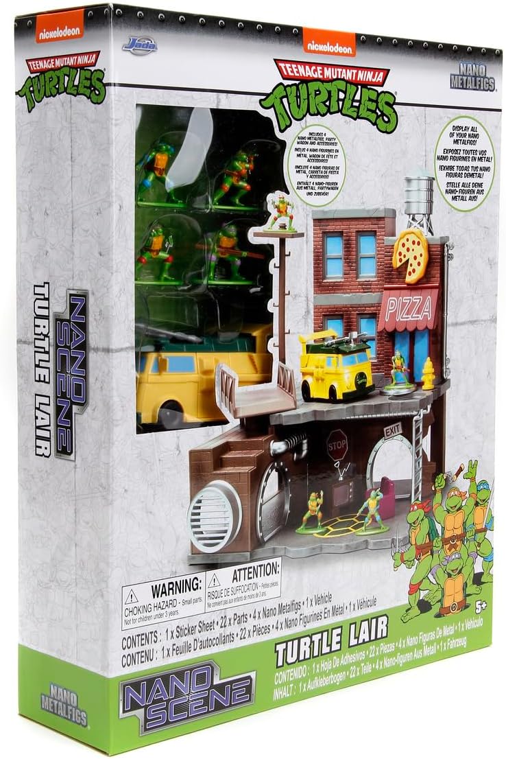 Jada Toys Ninja Turtles Nano Scene Turtle Lair (30 x 25 cm) - Telón de Fondo para coleccionar Figuras de Juguete (Incluye 4 Tortugas Ninja Mutantes Adolescentes de Metal y Accesorios de Juego, a
