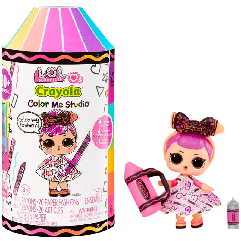 L.O.L. Surprise! Loves CRAYOLA - Colour Me Studio with Collectible Tot - Over 30 Surprises including Doll, Paper Dresses and 4 Crayons - Art Studio Playset in Crayon Capsule Packaging - For Ages 3+