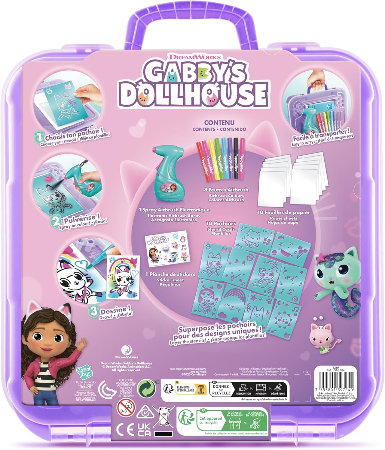 Canal Toys 110241 La Casa Muñecas Gabby-Maletín de actividades con Spray electrónico, plantillas y rotuladores Dollhouse-Activity Case with Electronic, Stencils and Markers, Violet
