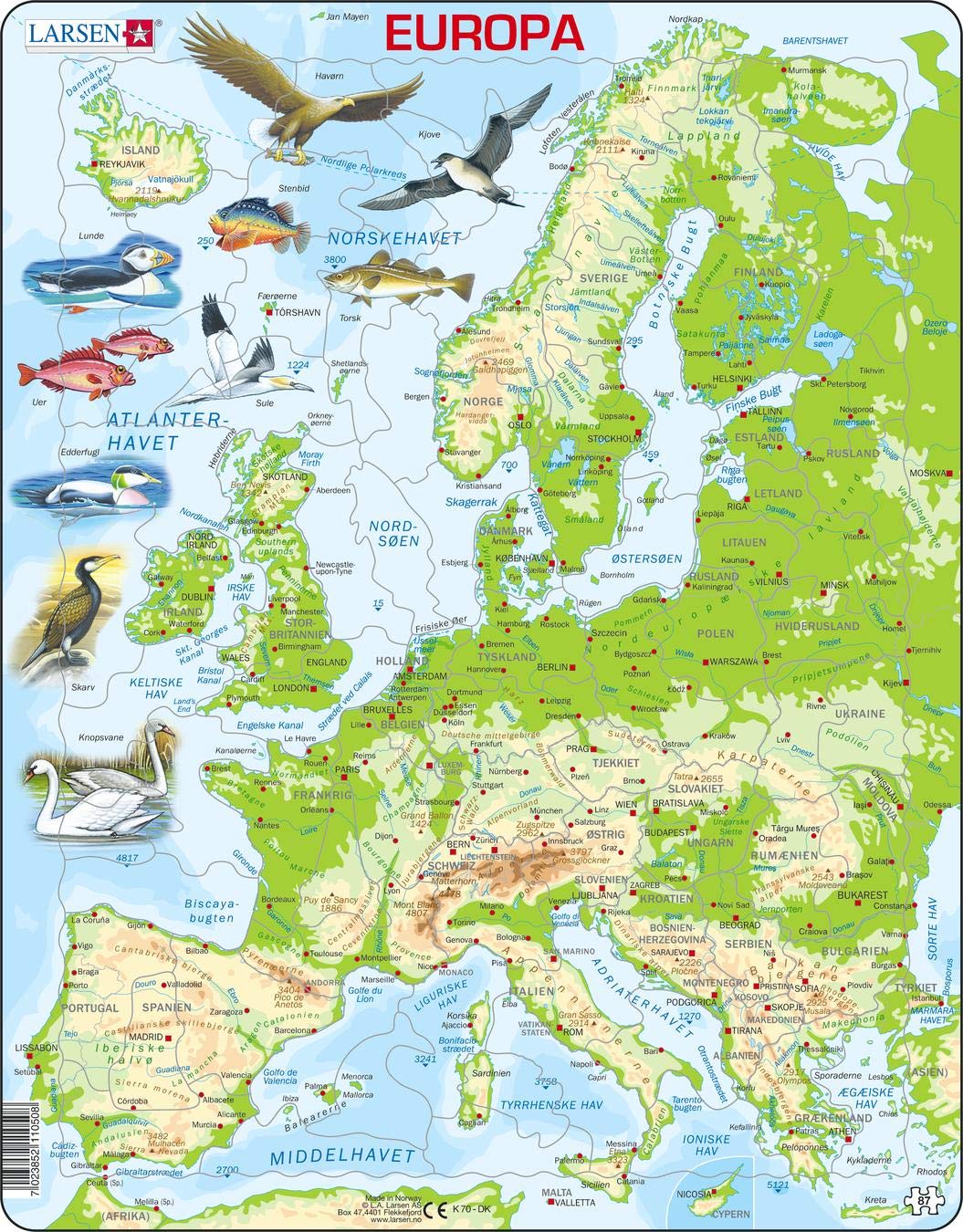 Larsen K70 Europe Topographic Map, Danish Edition, 87 Piece Boxless Tray & Frame Jigsaw Puzzle