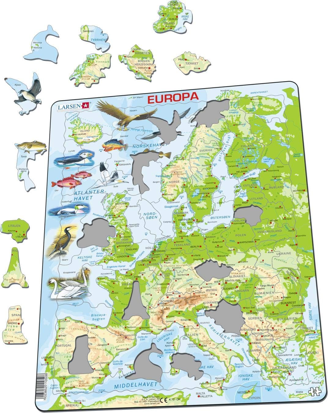 Larsen K70 Europe Topographic Map, Danish Edition, 87 Piece Boxless Tray & Frame Jigsaw Puzzle