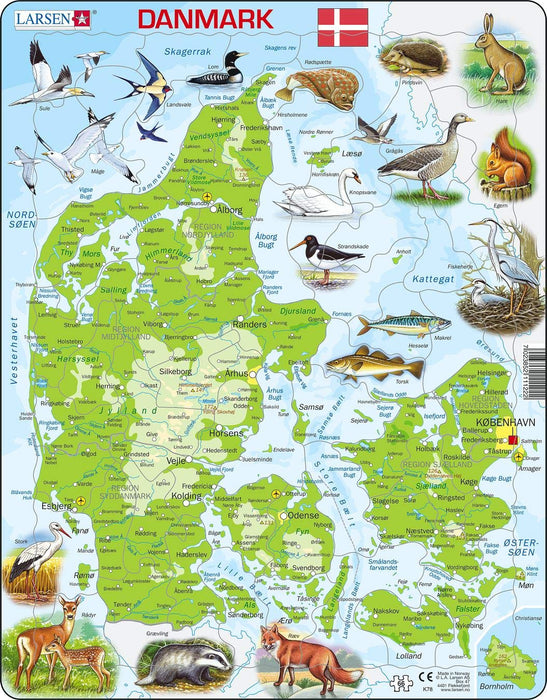 Larsen K78 Denmark Physical Map, Danish Edition, 66 Piece Boxless Tray & Frame Jigsaw Puzzle