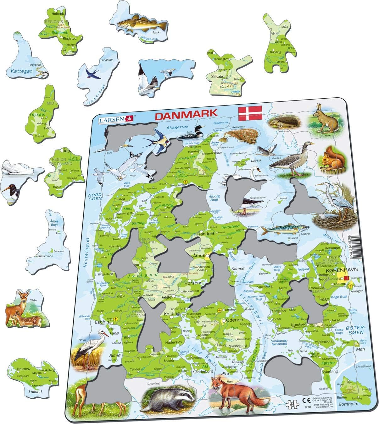 Larsen K78 Denmark Physical Map, Danish Edition, 66 Piece Boxless Tray & Frame Jigsaw Puzzle