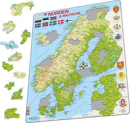 Larsen K3 The Nordics and the Baltics, Multilingual (Norwegian/Danish/Swedish) Edition, 75 Piece Boxless Tray & Frame Jigsaw Puzzle