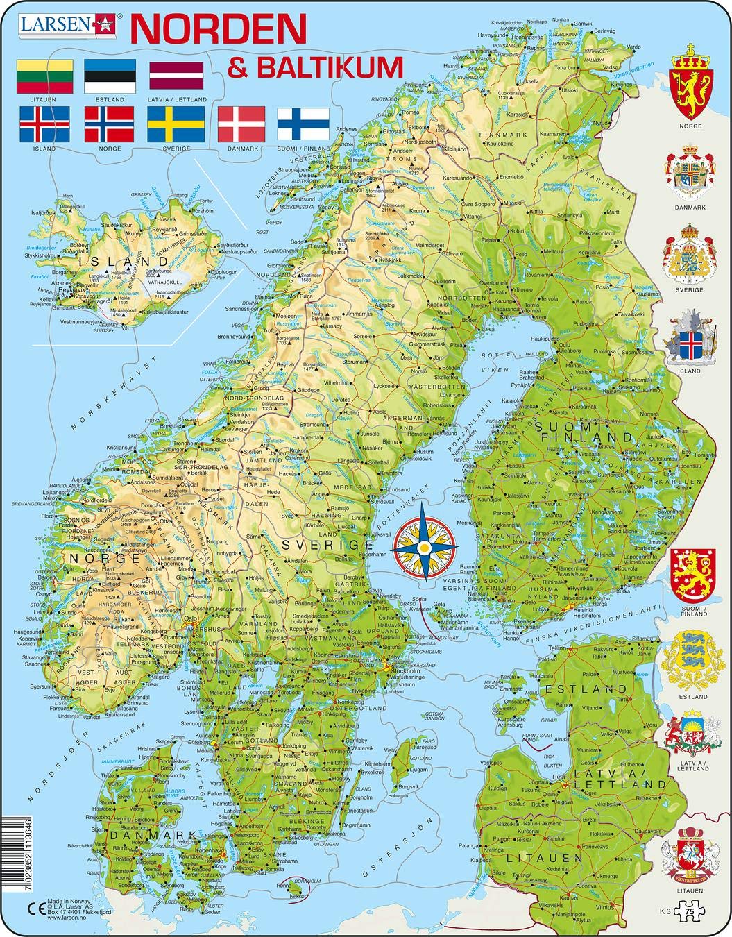Larsen K3 The Nordics and the Baltics, Multilingual (Norwegian/Danish/Swedish) Edition, 75 Piece Boxless Tray & Frame Jigsaw Puzzle