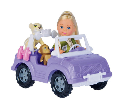 Simba 105733648 Evi Love Toy Doll in Cute Safari Outfit with Cool Jeep, Backpack, Baby Monkey, Lion, Binoculars, 12 cm, from 3 Years