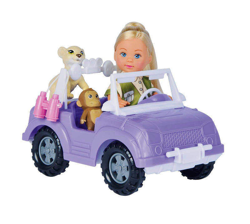 Simba 105733648 Evi Love Toy Doll in Cute Safari Outfit with Cool Jeep, Backpack, Baby Monkey, Lion, Binoculars, 12 cm, from 3 Years