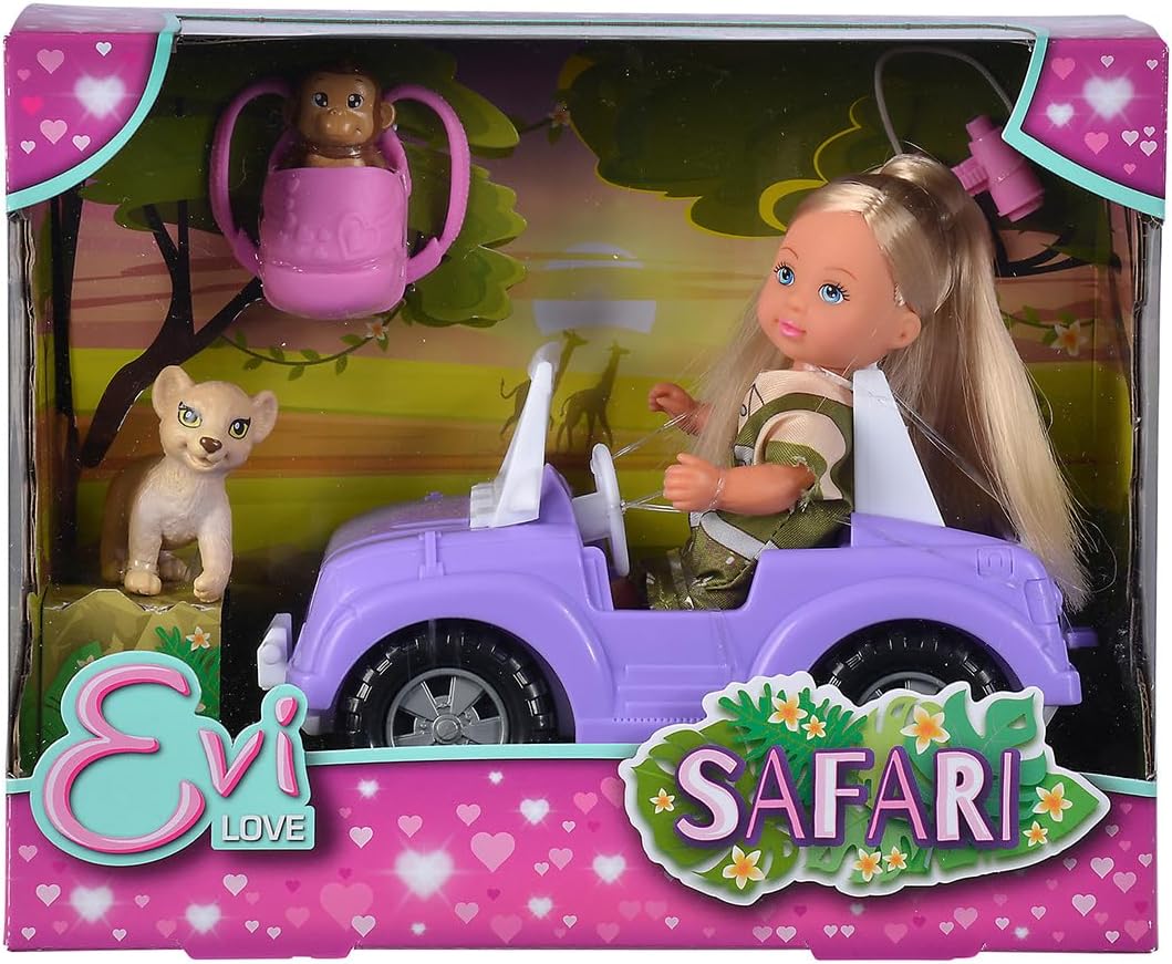 Simba 105733648 Evi Love Toy Doll in Cute Safari Outfit with Cool Jeep, Backpack, Baby Monkey, Lion, Binoculars, 12 cm, from 3 Years