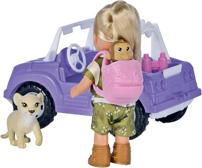 Simba 105733648 Evi Love Toy Doll in Cute Safari Outfit with Cool Jeep, Backpack, Baby Monkey, Lion, Binoculars, 12 cm, from 3 Years