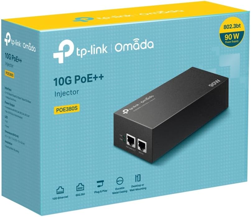 TP-Link Omada PoE380S 10G PoE++ Ethernet Injector Power Up to 90W Plug & Play Durable Metal Housing Wall or Desktop Mount