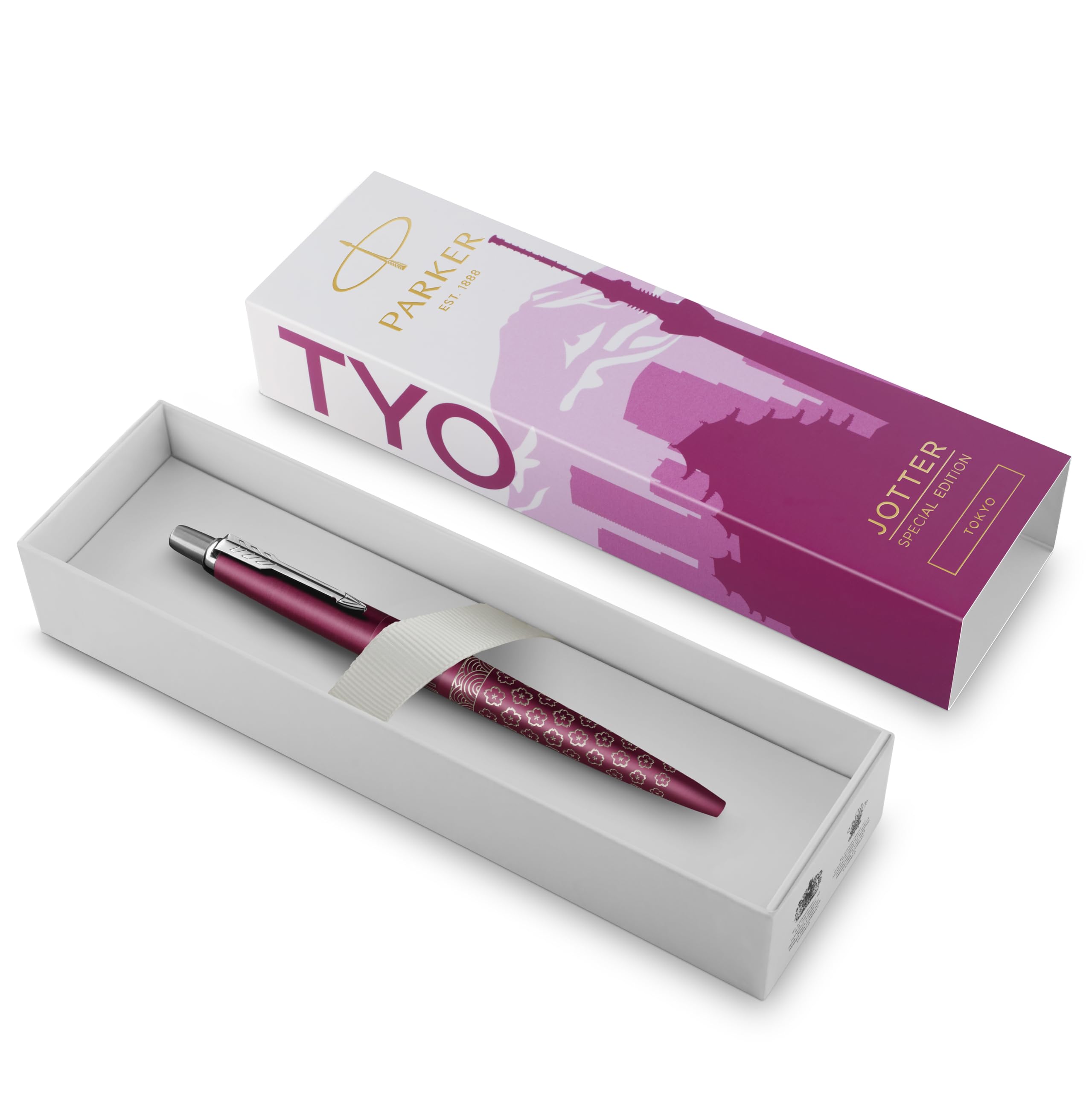 PARKER Jotter Bolígrafo | Edición Especial | Tokyo Rosa con detalles cromados | Tinta Azul | Estuche de Regalo