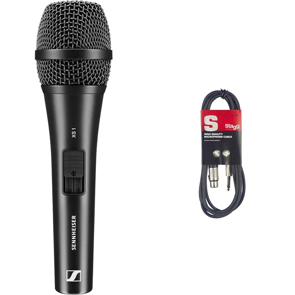 Sennheiser XS 1 Dynamic Cardioid Vocal Microphone | Microphone Clamp & Transport Bag Included | For Singers, Presenters & Entertainers | Black (507487) & Stagg SMC6 6 metre standard microphone cable XS 1 Dynamic Microphone+ Cable