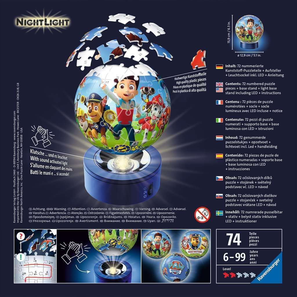 Ravensburger 11842 – Paw Patrol Luz nocturna – 72 piezas puzzle Ball , color, modelo surtido