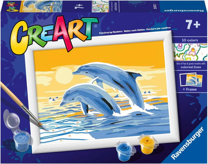 Ravensburger, CreArt, Dolphins Friends, Paint by Numbers, Creative Set for Boys and Girls, 2 Brushes and 1 Frame, Recommended Age 7+