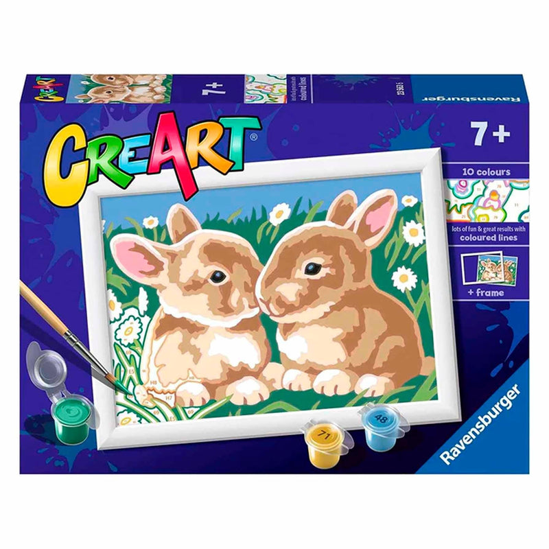 Ravensburger - CreArt E Series: Bunnies in The Daisies, Painting by Numbers Kit, Contains a Pre-Printed Board, Brush, Colours and Accessories, Creative Game for Children 9+ Years Old
