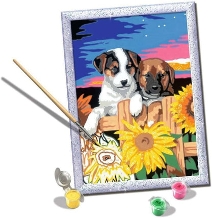 Ravensburger - CreArt D Series: Puppies with Sunflowers, Painting by Numbers Kit, Contains a Pre-Printed Board, Brush, Colours and Accessories, Creative Toy for Children 7+ Years Old