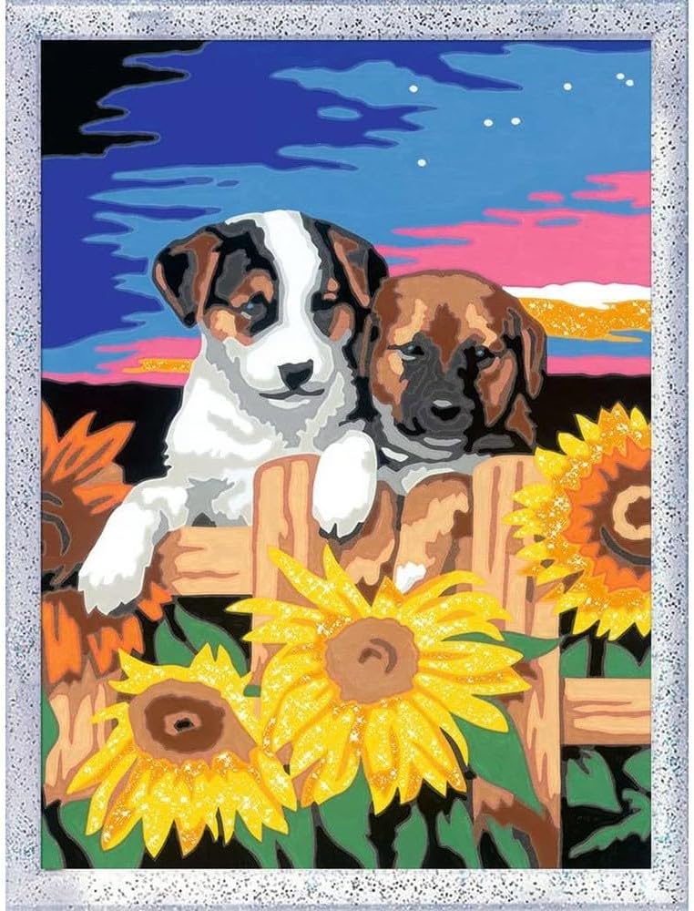 Ravensburger - CreArt D Series: Puppies with Sunflowers, Painting by Numbers Kit, Contains a Pre-Printed Board, Brush, Colours and Accessories, Creative Toy for Children 7+ Years Old