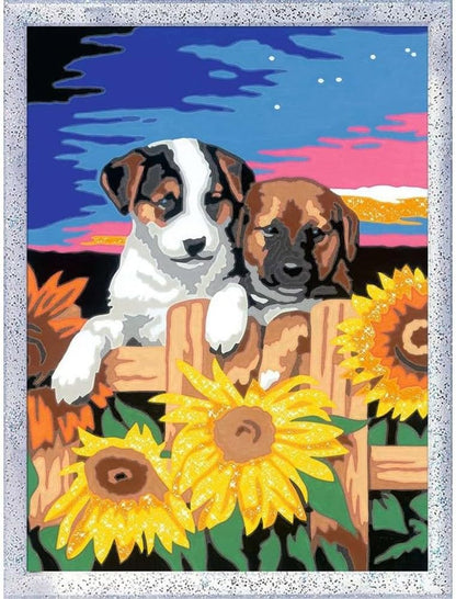 Ravensburger - CreArt D Series: Puppies with Sunflowers, Painting by Numbers Kit, Contains a Pre-Printed Board, Brush, Colours and Accessories, Creative Toy for Children 7+ Years Old