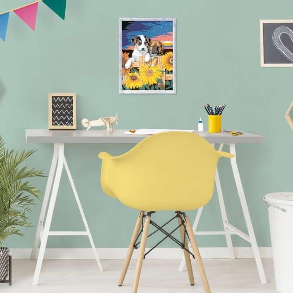 Ravensburger - CreArt D Series: Puppies with Sunflowers, Painting by Numbers Kit, Contains a Pre-Printed Board, Brush, Colours and Accessories, Creative Toy for Children 7+ Years Old