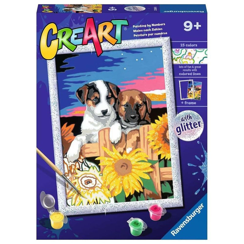 Ravensburger - CreArt D Series: Puppies with Sunflowers, Painting by Numbers Kit, Contains a Pre-Printed Board, Brush, Colours and Accessories, Creative Toy for Children 7+ Years Old