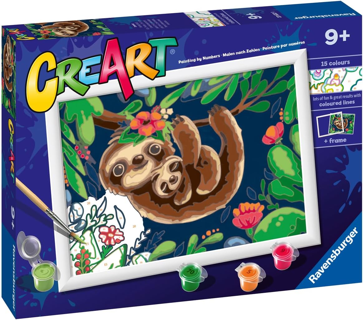 Ravensburger CreArt Sweet Sloths Paint by Numbers Kit for Kids - Painting Arts and Crafts for Ages 9 and Up